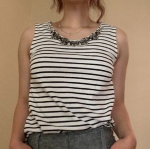 J.Crew, black and white striped shirt, with jewels lining the collar.